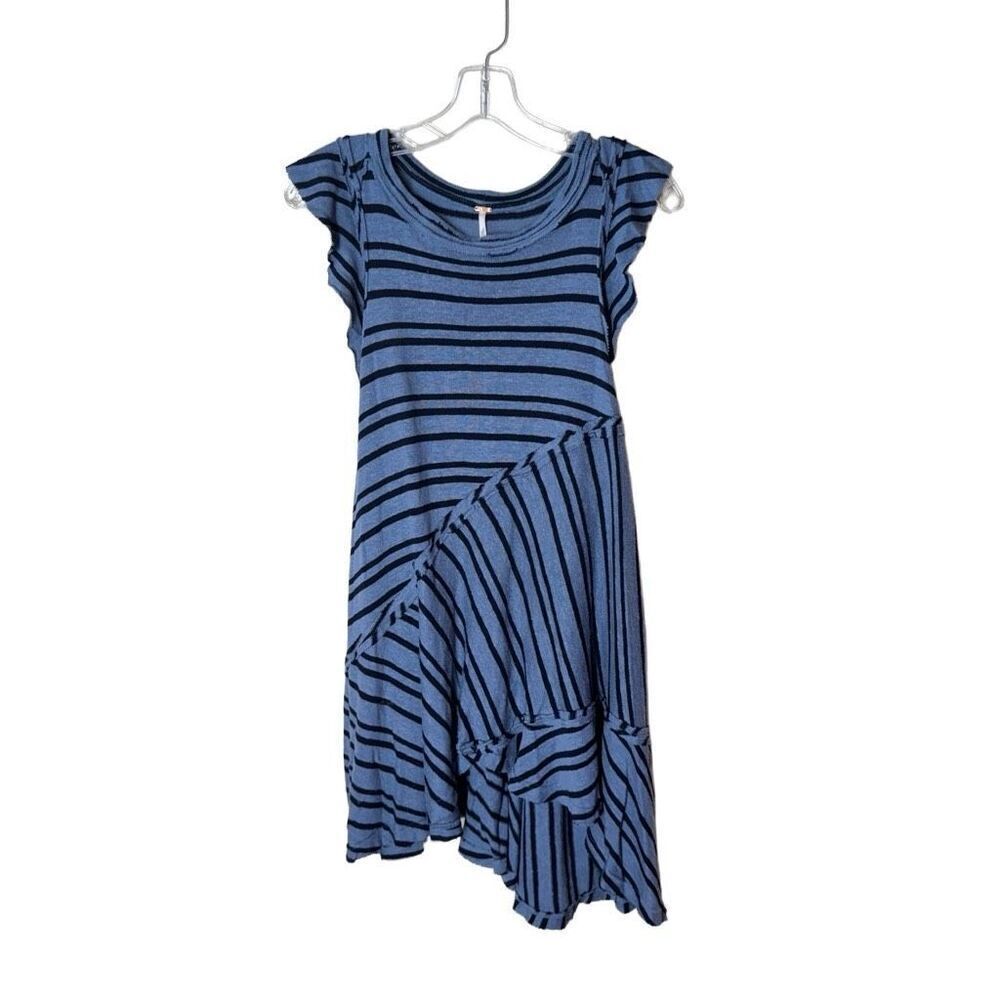 Free People Blue Striped Tunic Dress Between the Lines XS Flutter Ruffles Linen - Picture 4 of 16